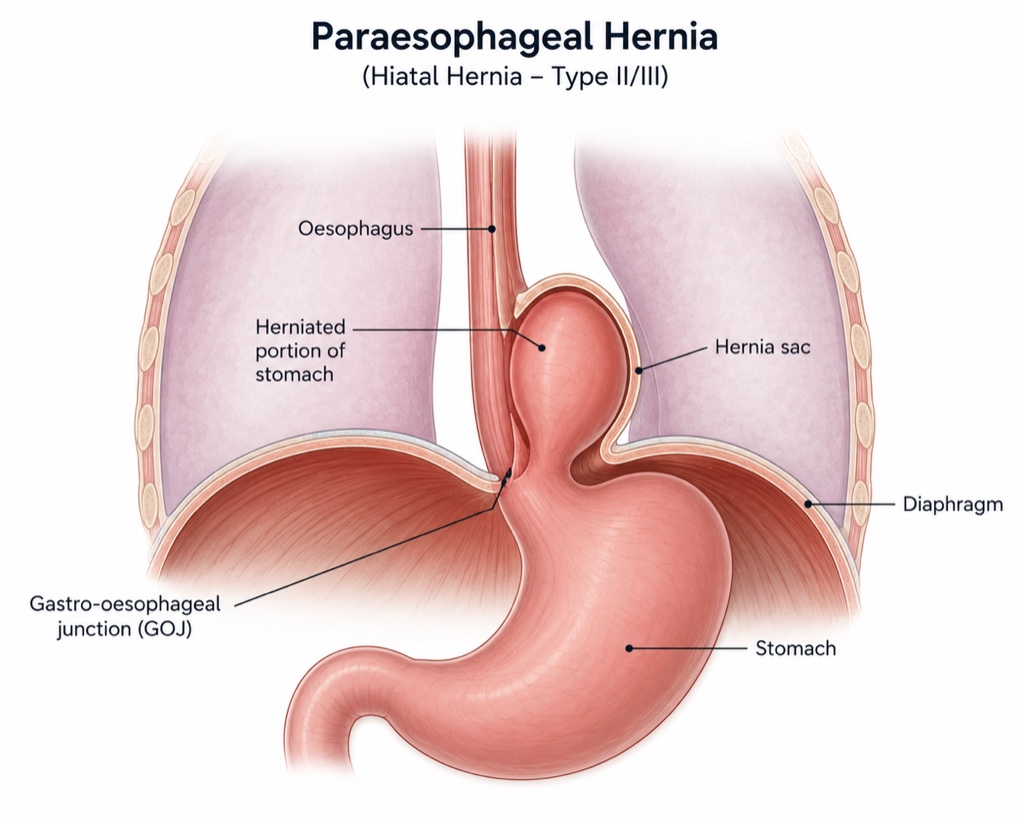 Anatomy of a paraesophageal hiatus hernia: stomach pushing into the chest through a widened diaphragmatic hiatus