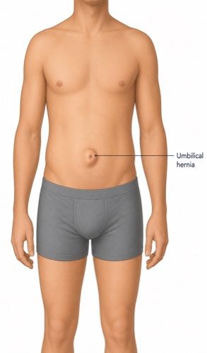 Cross-section of the abdominal wall showing an umbilical hernia at the navel
