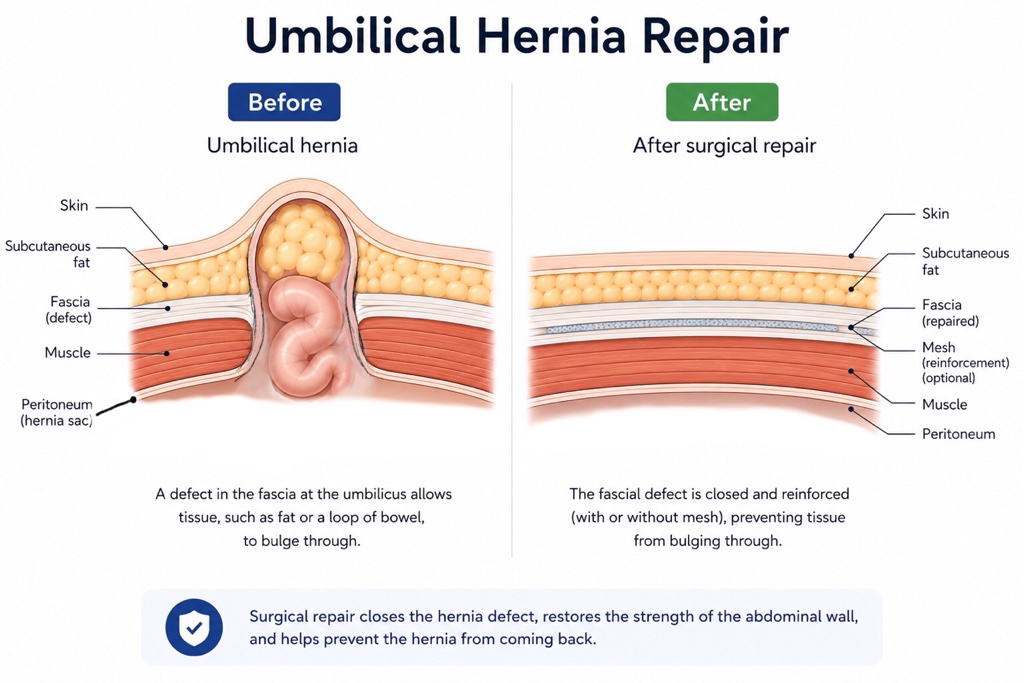 Surgical repair of an umbilical hernia showing fascial closure and mesh reinforcement